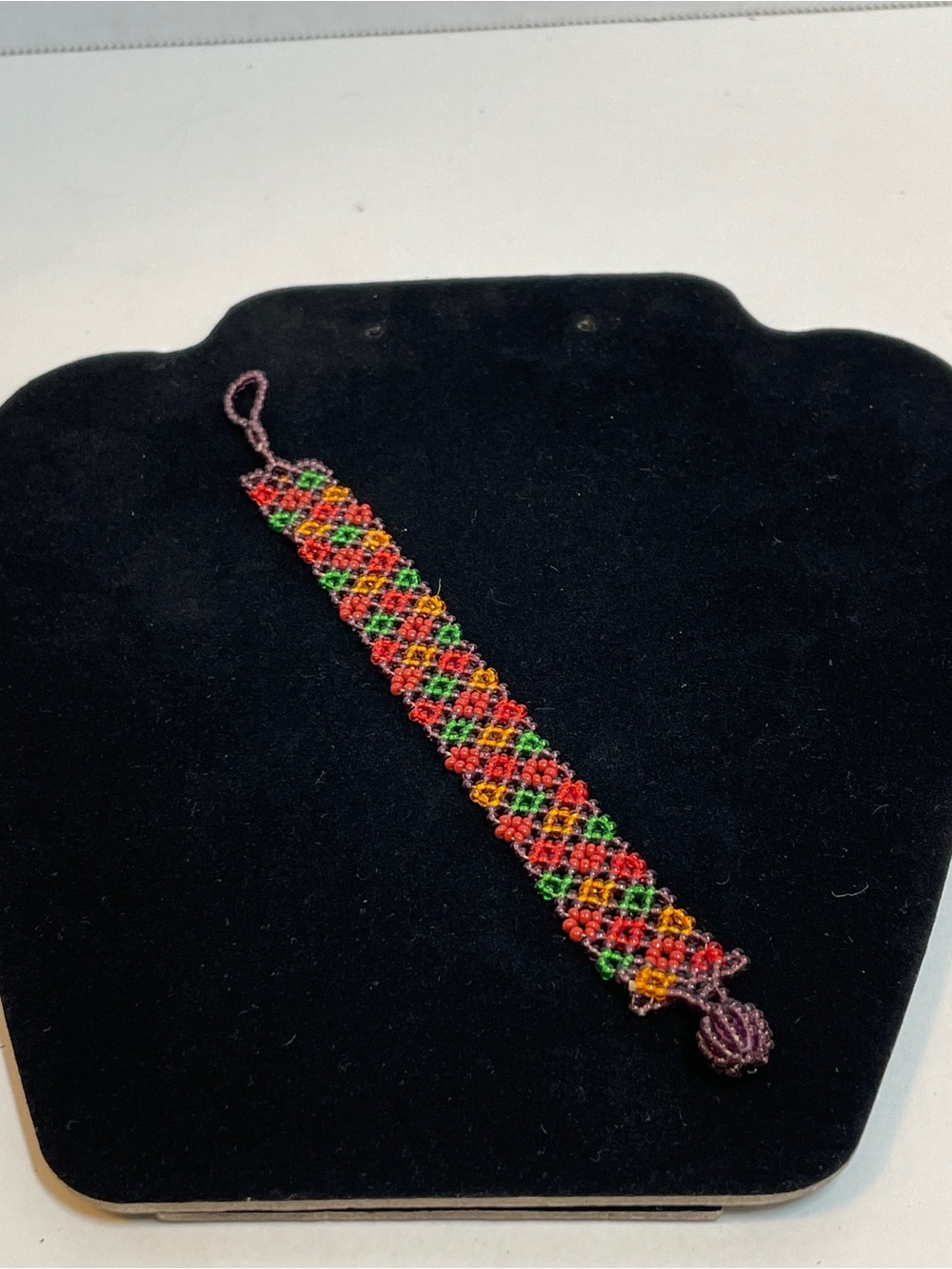 Native American Woven Seed Beaded Multicolor Daisies Cuff Bracelet, 7in